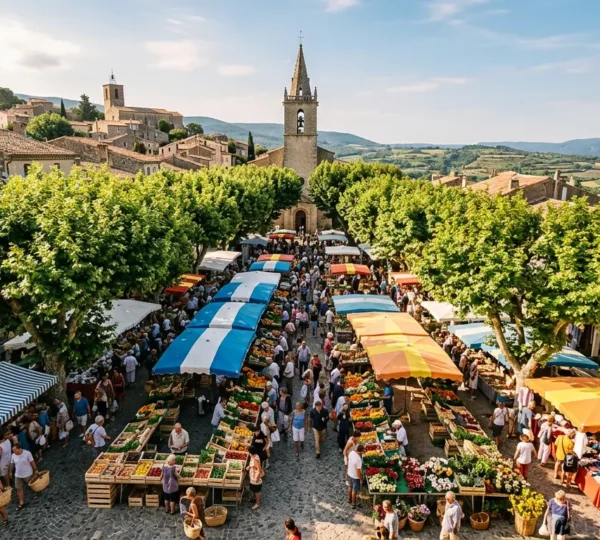 Scène animée du marché de Lourmarin avec une foule élégante entre les étals colorés sous les platanes