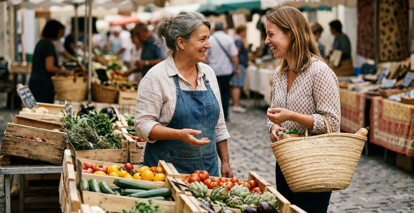 Vue d'ensemble d'un marché provençal en fin de matinée avec vendeurs rangeant leurs étals
