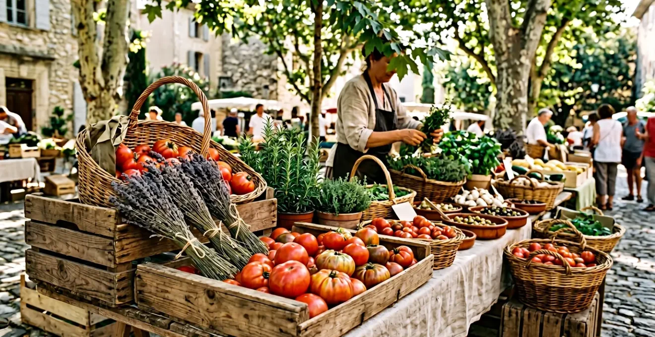 Étalage coloré de fruits et légumes provençaux sur un marché traditionnel avec vendeur en arrière-plan