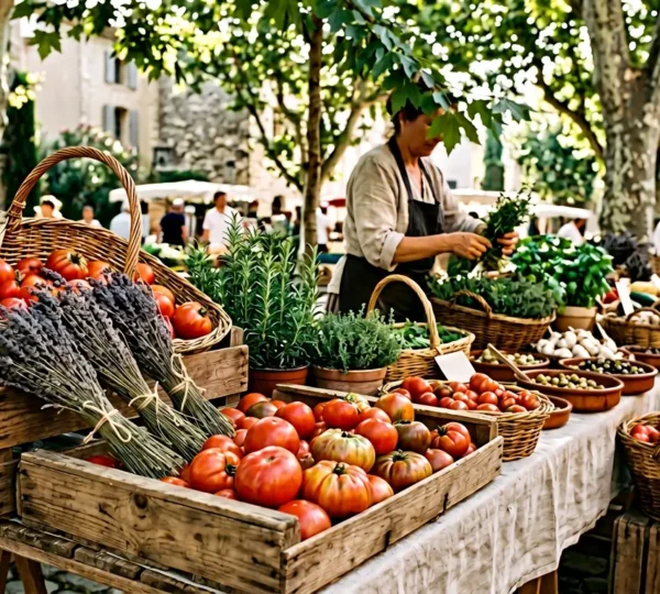 Étalage coloré de fruits et légumes provençaux sur un marché traditionnel avec vendeur en arrière-plan