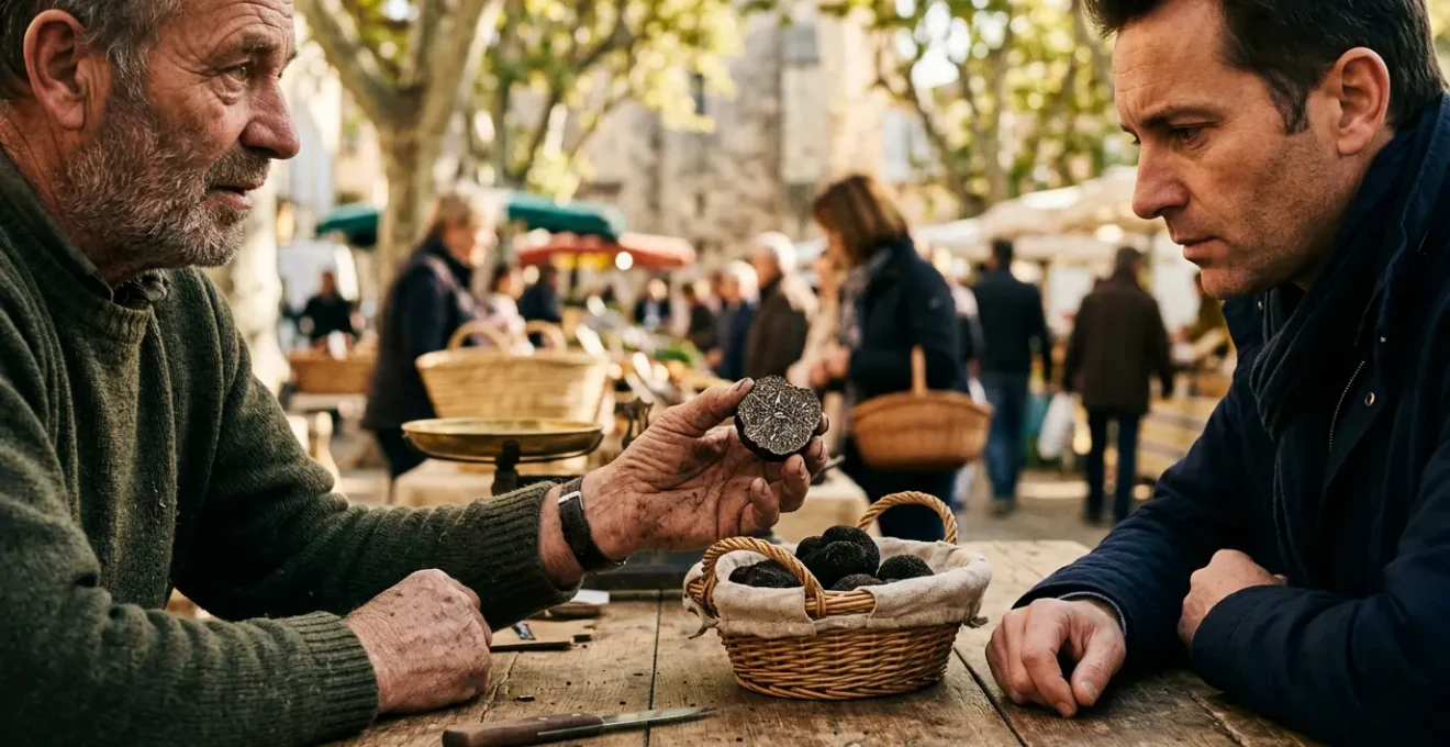 Scène de négociation de truffes au marché de Richerenches avec acheteur et vendeur examinant une truffe noire
