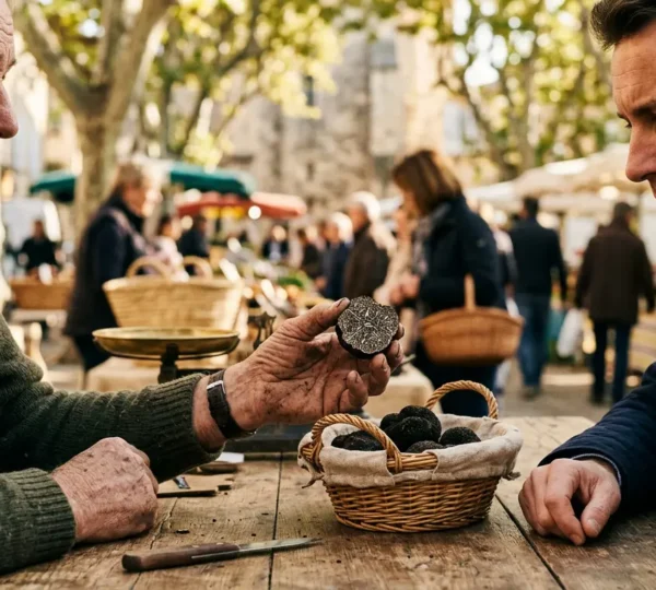 Scène de négociation de truffes au marché de Richerenches avec acheteur et vendeur examinant une truffe noire