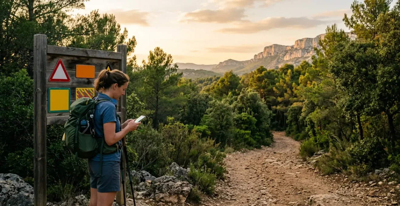 Vue panoramique d'un massif provençal avec panneaux signalétiques colorés indiquant les niveaux de risque incendie et un randonneur consultant son téléphone