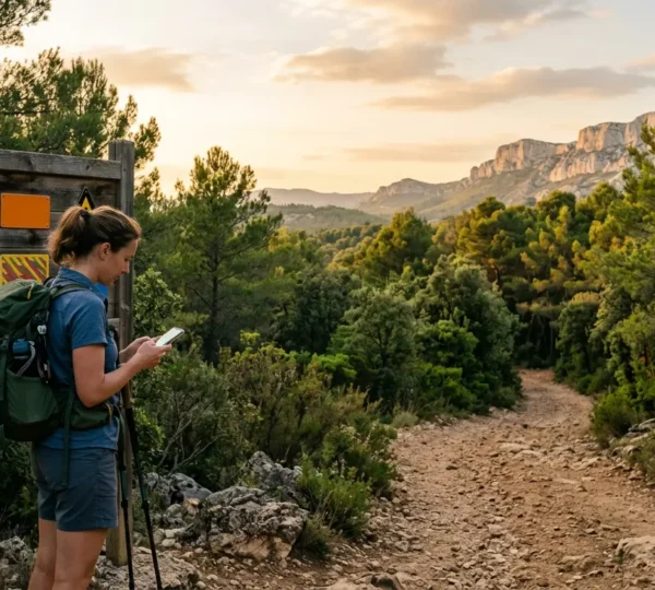 Vue panoramique d'un massif provençal avec panneaux signalétiques colorés indiquant les niveaux de risque incendie et un randonneur consultant son téléphone