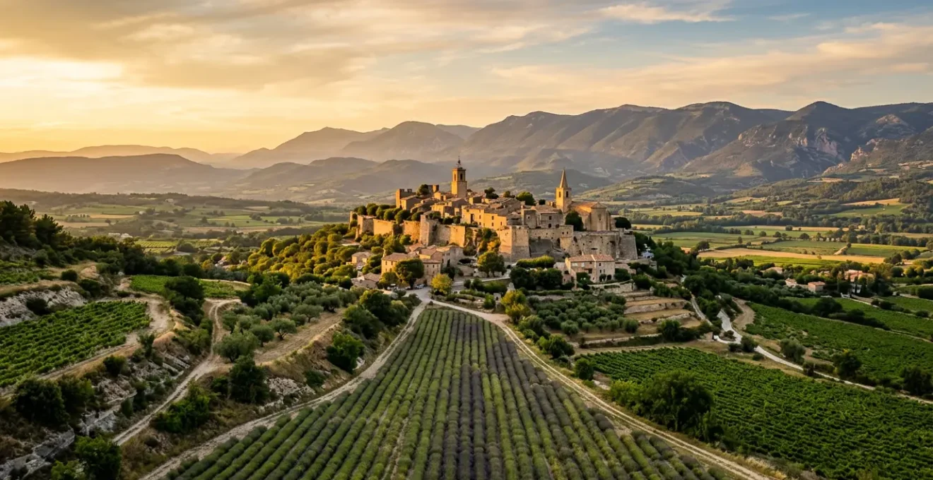 Vue panoramique du village de Ménerbes perché sur son éperon rocheux au coucher du soleil avec les maisons en pierre dorées par la lumière