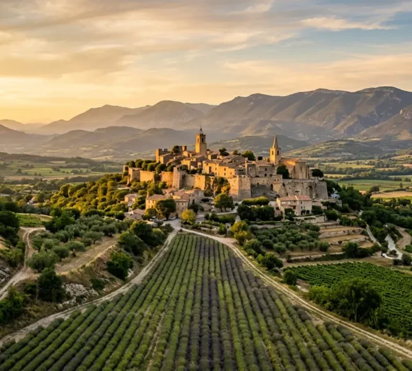 Vue panoramique du village de Ménerbes perché sur son éperon rocheux au coucher du soleil avec les maisons en pierre dorées par la lumière