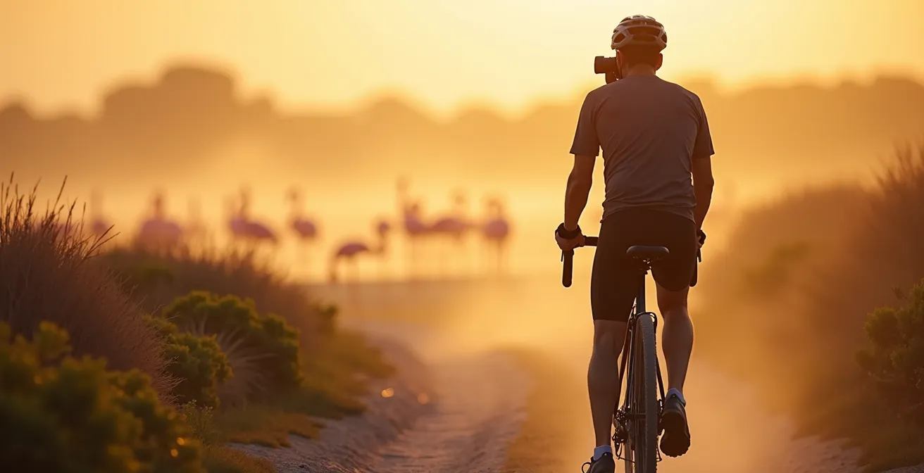 Cycliste observant des flamants roses depuis un sentier camarguais