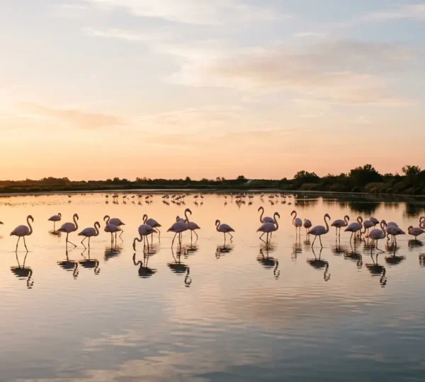 Vue panoramique de flamants roses dans les marais salants de Camargue au lever du soleil