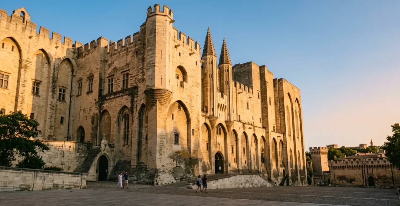 Vue du Palais des Papes d'Avignon en été avec peu de visiteurs devant l'entrée principale