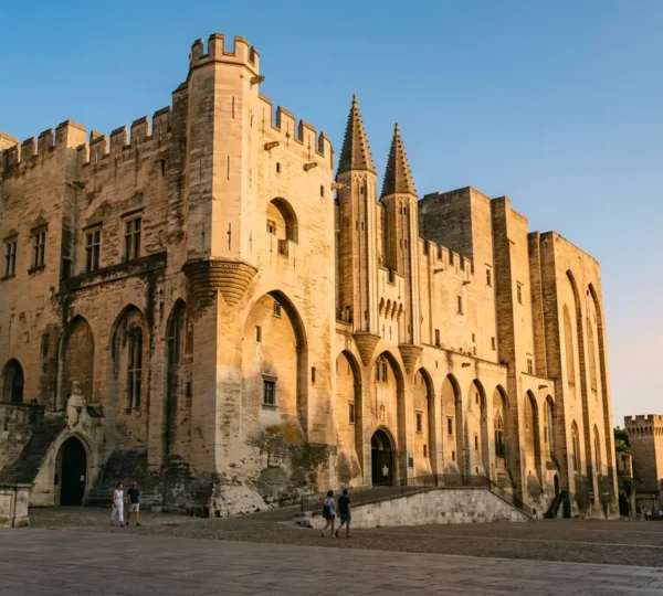 Vue du Palais des Papes d'Avignon en été avec peu de visiteurs devant l'entrée principale