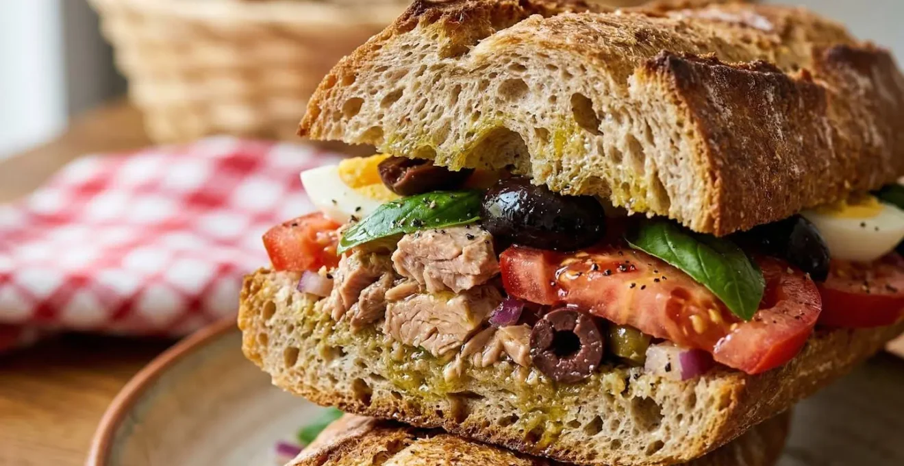 Gros plan sur un pan bagnat traditionnel dans une boulangerie provençale