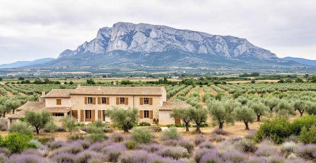 Vue panoramique du massif des Alpilles avec mas traditionnel et oliveraies