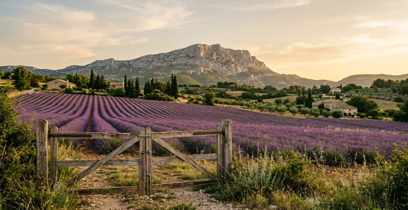 Vue panoramique d'un paysage provençal protégé avec la montagne Sainte-Victoire, des champs de lavande et une barrière en bois symbolisant l'accès régulé