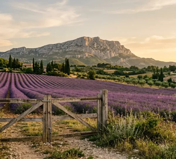 Vue panoramique d'un paysage provençal protégé avec la montagne Sainte-Victoire, des champs de lavande et une barrière en bois symbolisant l'accès régulé
