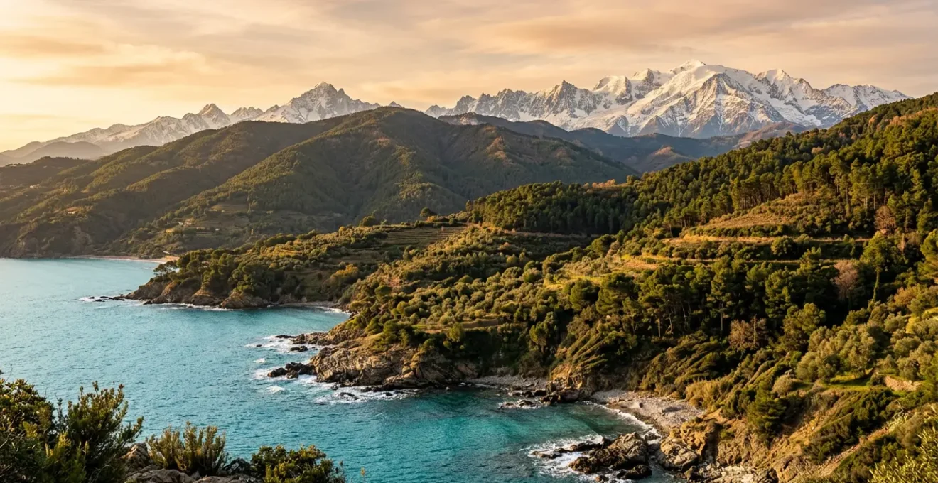 Vue panoramique montrant la transition spectaculaire entre la mer Méditerranée et les sommets enneigés des Alpes-Maritimes.