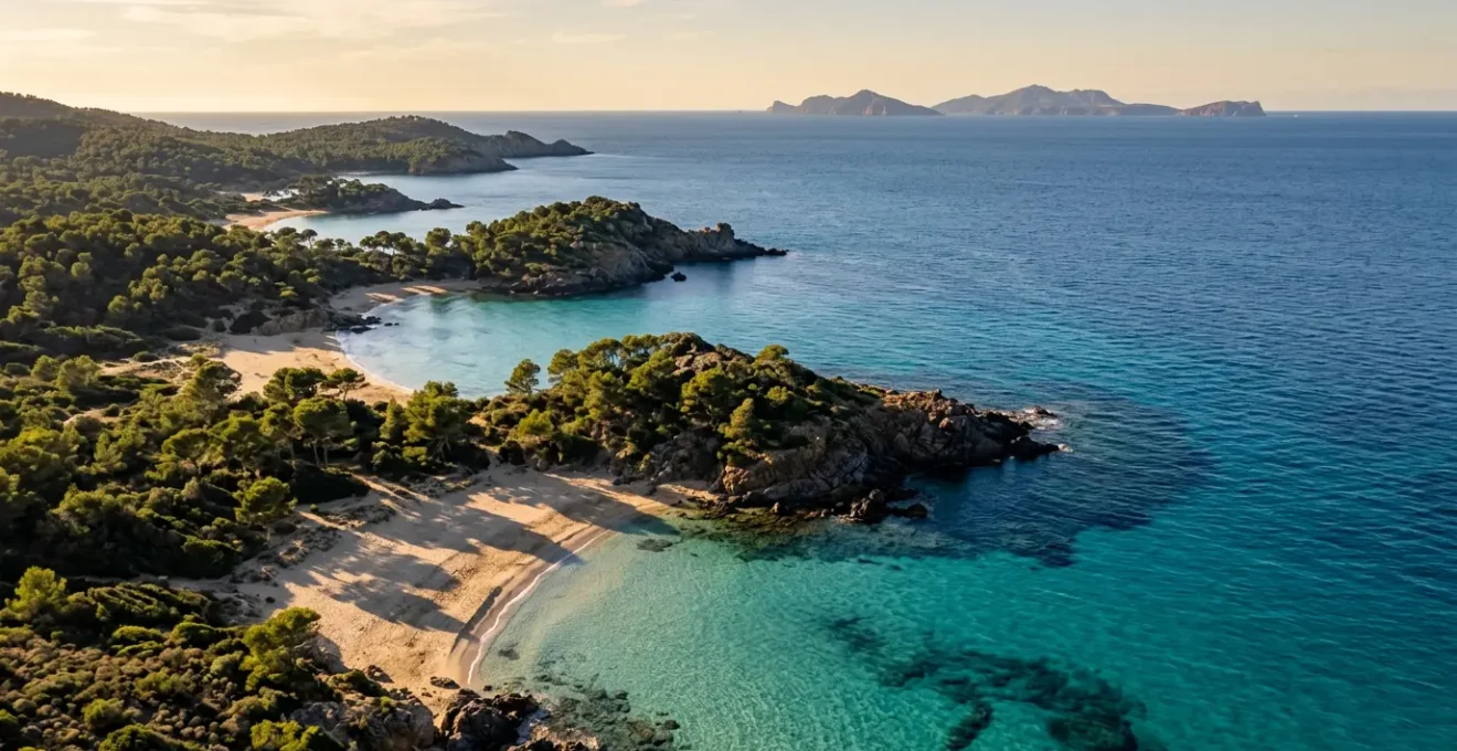 Vue aérienne des plages du Lavandou avec eaux turquoise et calanques de pins maritimes