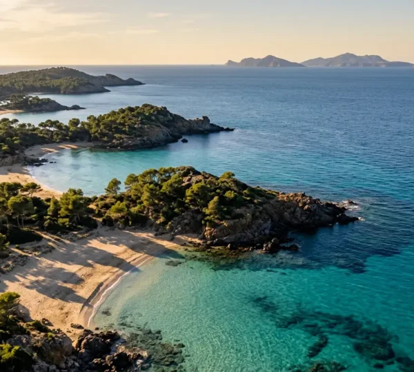 Vue aérienne des plages du Lavandou avec eaux turquoise et calanques de pins maritimes