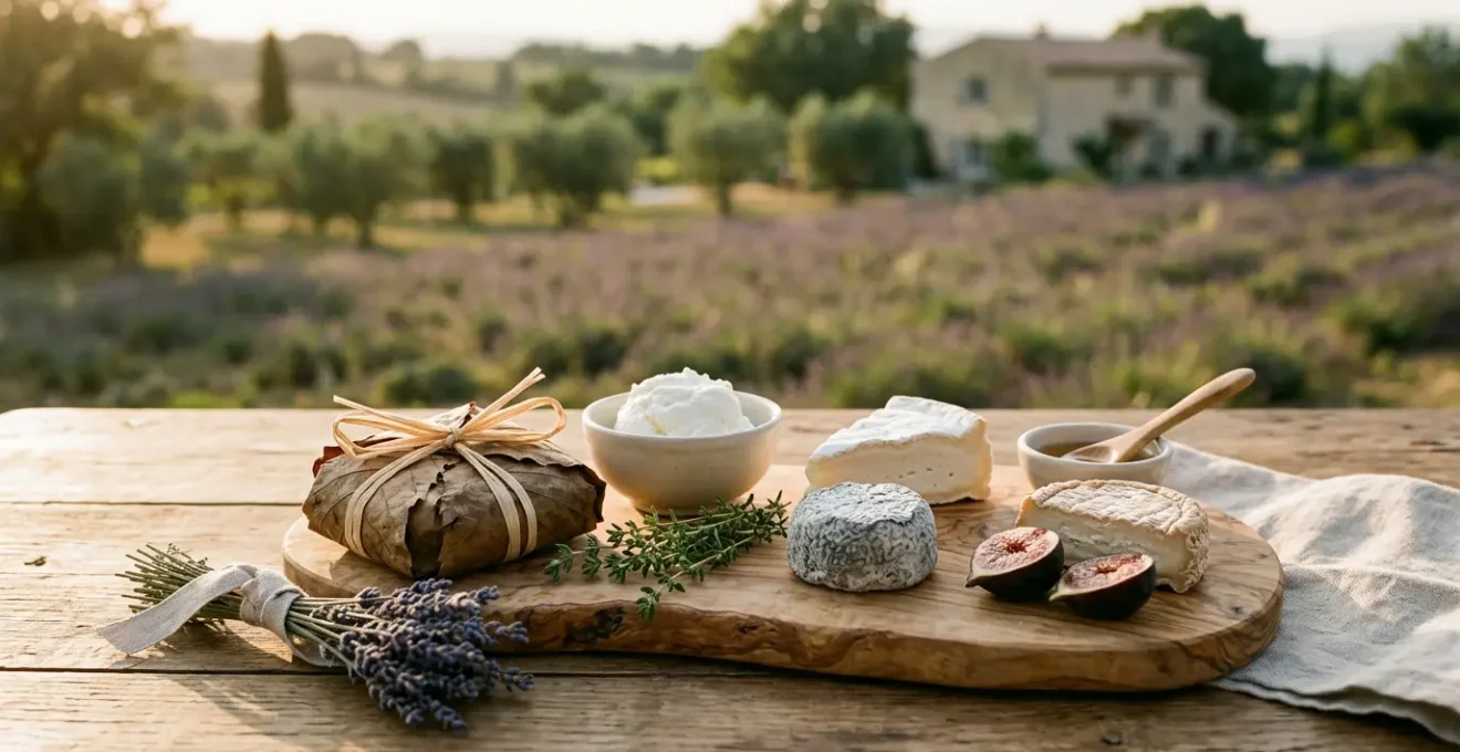 Composition artistique de fromages provençaux sur plateau de bois avec feuilles de châtaignier et lavande