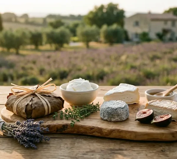 Composition artistique de fromages provençaux sur plateau de bois avec feuilles de châtaignier et lavande