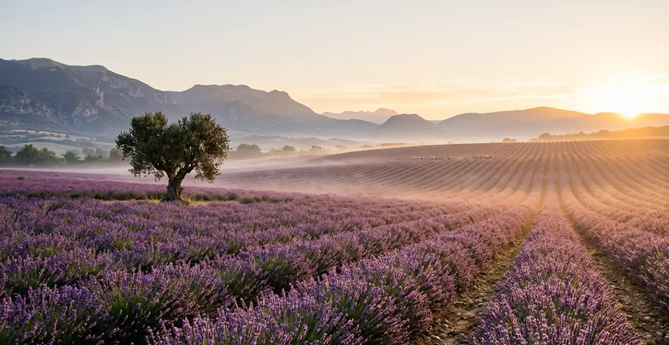 Vue panoramique des champs de lavande en pleine floraison sur le plateau de Valensole au lever du soleil