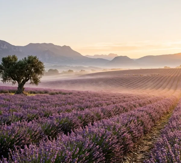 Vue panoramique des champs de lavande en pleine floraison sur le plateau de Valensole au lever du soleil