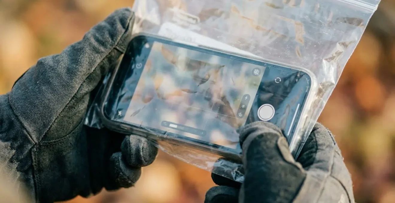 Main tenant un smartphone dans un sac plastique transparent devant un paysage ocre