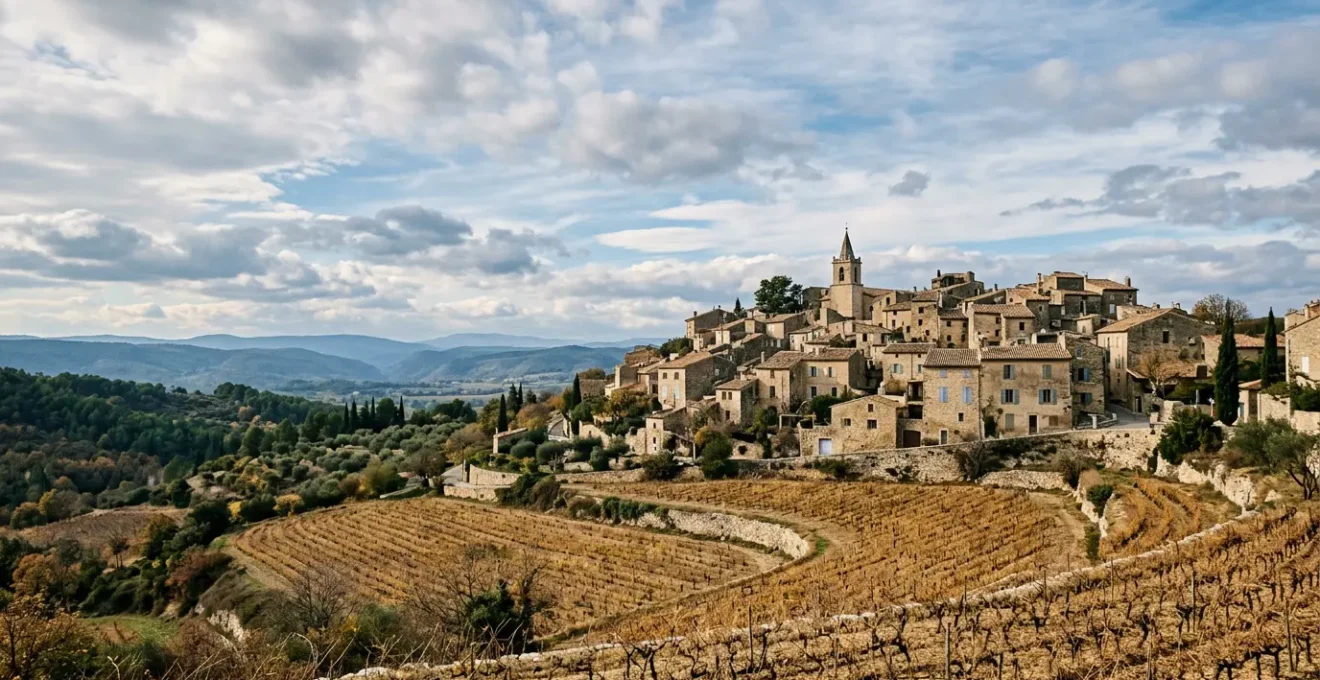 Village provençal en novembre avec vignes dorées, ciel automnal et ambiance sereine hors saison