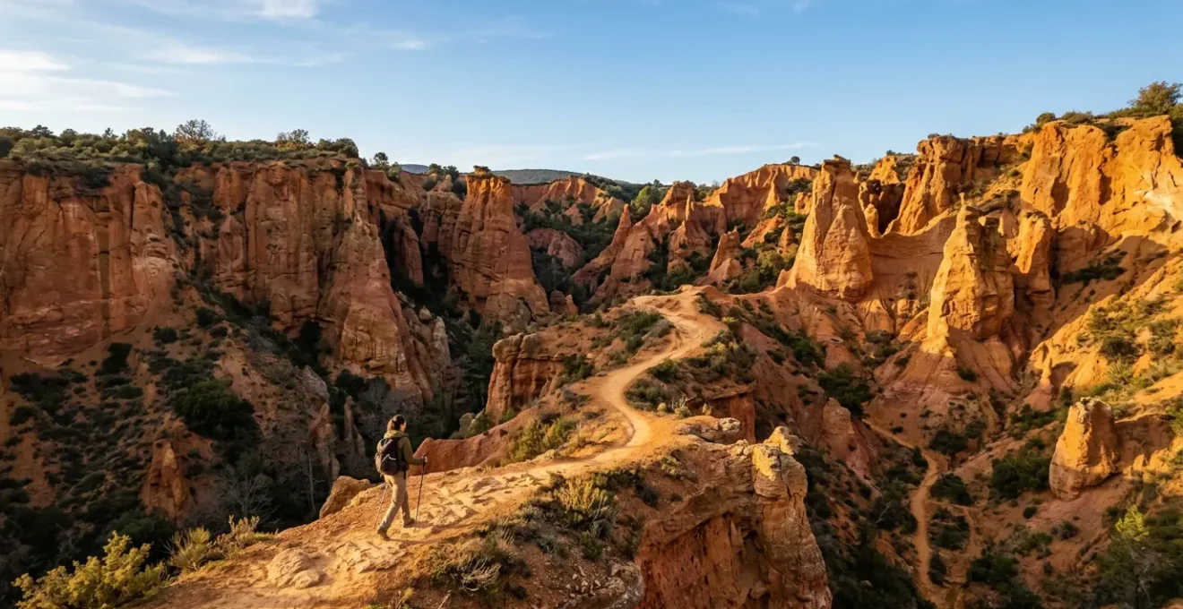 Vue aérienne d'un randonneur entre les falaises ocre du Colorado Provençal, contrastes de rouges et oranges sous le soleil provençal
