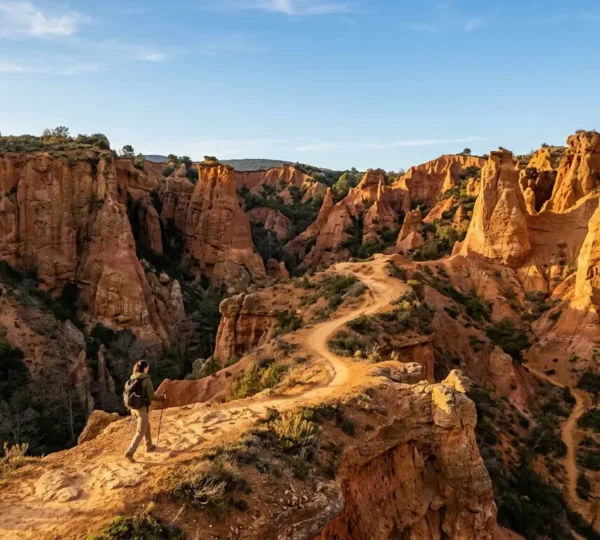 Vue aérienne d'un randonneur entre les falaises ocre du Colorado Provençal, contrastes de rouges et oranges sous le soleil provençal