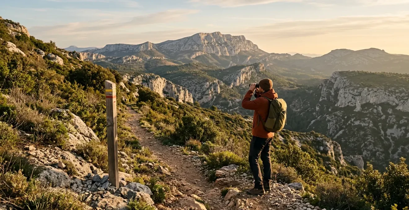 Randonneur observant avec jumelles la nature dans un parc naturel de Provence