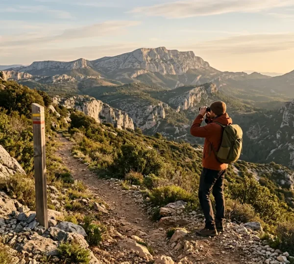 Randonneur observant avec jumelles la nature dans un parc naturel de Provence
