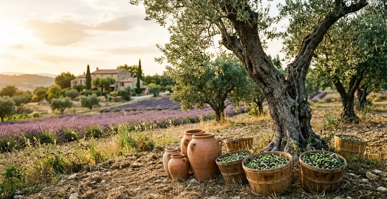 Bouteilles d'huile d'olive AOP avec oliviers en arrière-plan dans un paysage provençal ensoleillé