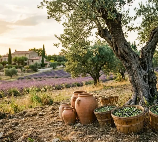 Bouteilles d'huile d'olive AOP avec oliviers en arrière-plan dans un paysage provençal ensoleillé