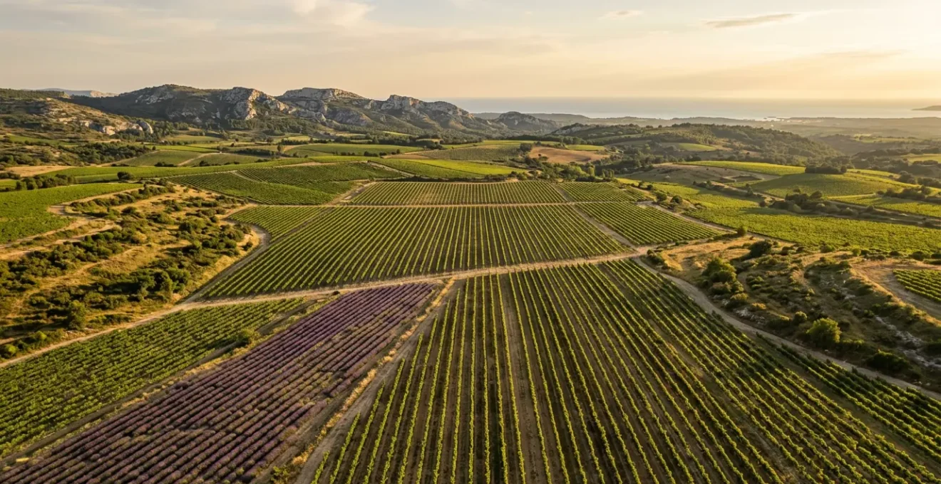 Vue panoramique d'un vignoble provençal baigné par la lumière dorée du soleil couchant, avec des rangées de vignes s'étendant vers la mer Méditerranée