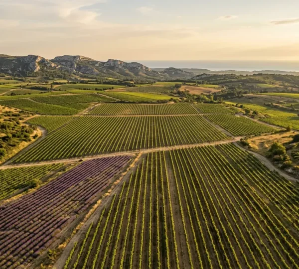 Vue panoramique d'un vignoble provençal baigné par la lumière dorée du soleil couchant, avec des rangées de vignes s'étendant vers la mer Méditerranée