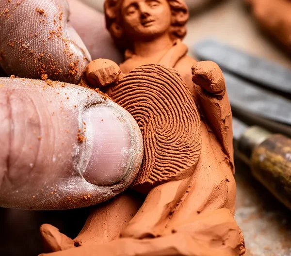 Artisan façonnant un santon de Provence en argile avec des outils traditionnels dans son atelier