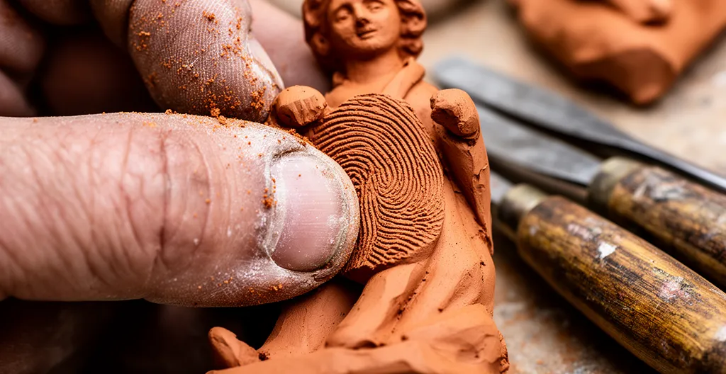Artisan façonnant un santon de Provence en argile avec des outils traditionnels dans son atelier