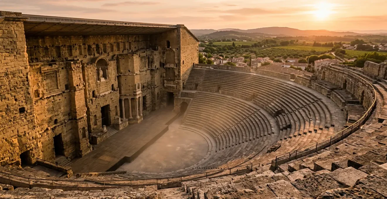 Vue panoramique du Théâtre Antique d'Orange au coucher du soleil avec ses gradins de pierre et son impressionnant mur de scène