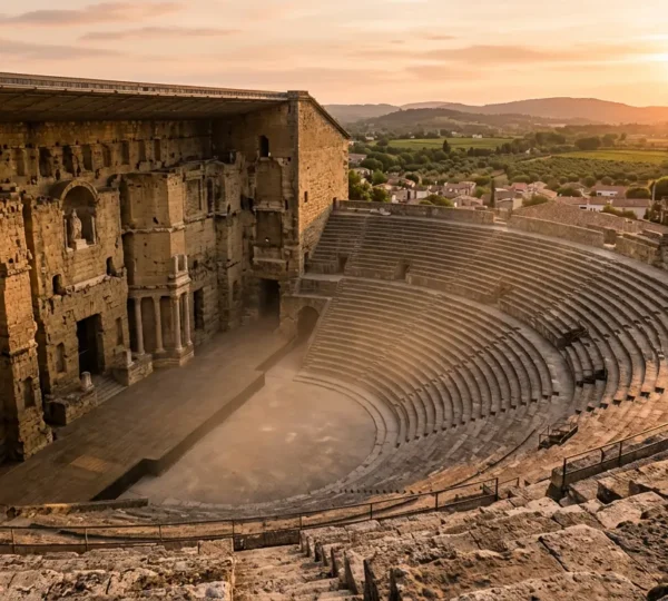 Vue panoramique du Théâtre Antique d'Orange au coucher du soleil avec ses gradins de pierre et son impressionnant mur de scène