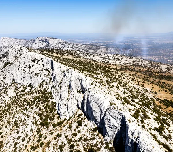 Vue panoramique des crêtes calcaires blanches des Alpilles avec la Tour des Opies au sommet sous un ciel d'été provençal intense