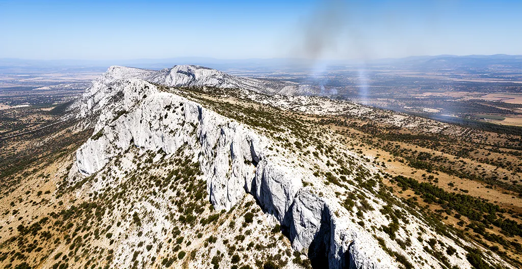 Vue panoramique des crêtes calcaires blanches des Alpilles avec la Tour des Opies au sommet sous un ciel d'été provençal intense