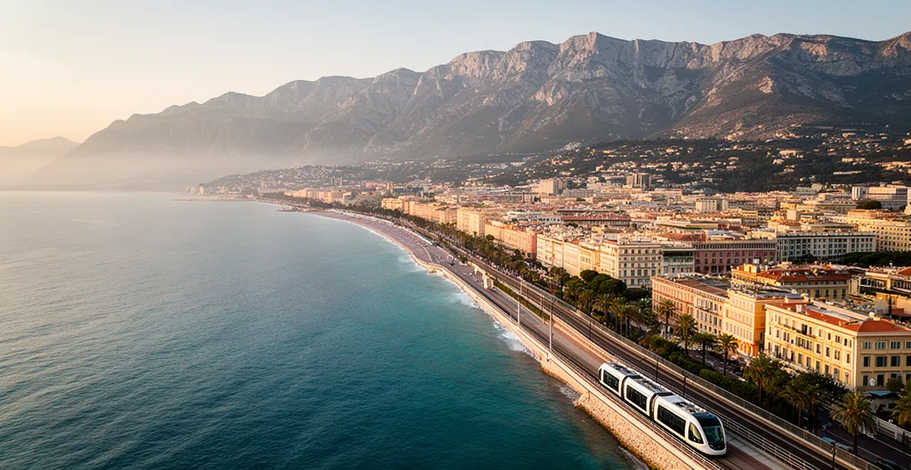 Vue panoramique de la côte depuis l'aéroport de Nice avec les Alpes en arrière-plan