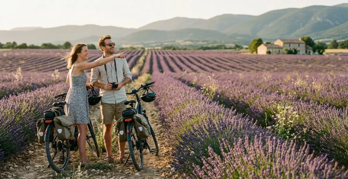 Cyclistes sur vélos électriques longeant les champs de lavande sur un chemin rural