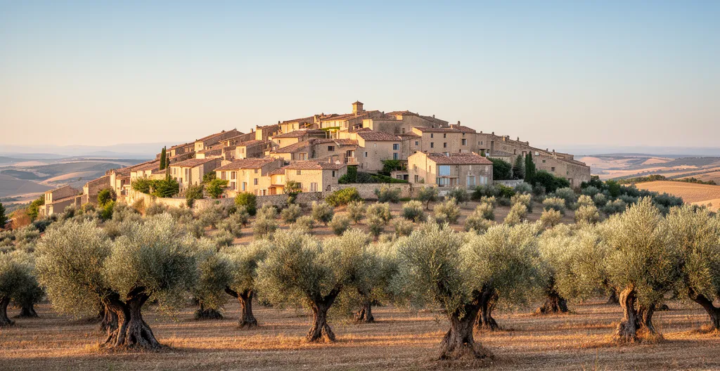 Village perché des Alpilles entouré d'oliviers au petit matin, entreprises artisanales visibles