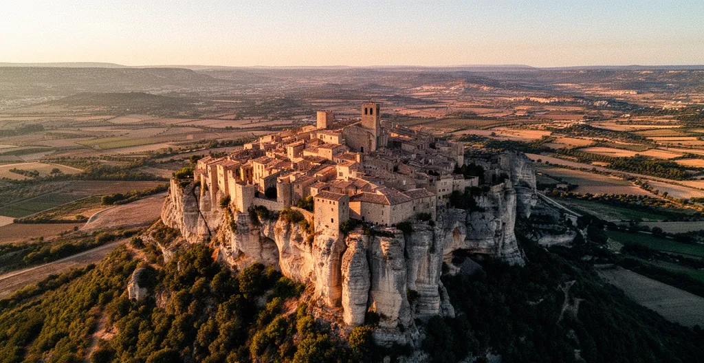 Vue panoramique du village perché des Baux-de-Provence sur son éperon rocheux au cœur des Alpilles
