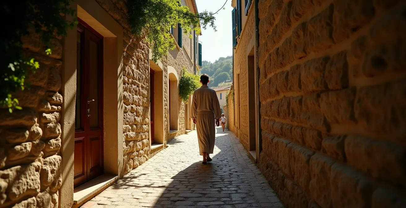 Ruelle ombragée d'un village perché avec jeu de lumière et d'ombre en fin d'après-midi