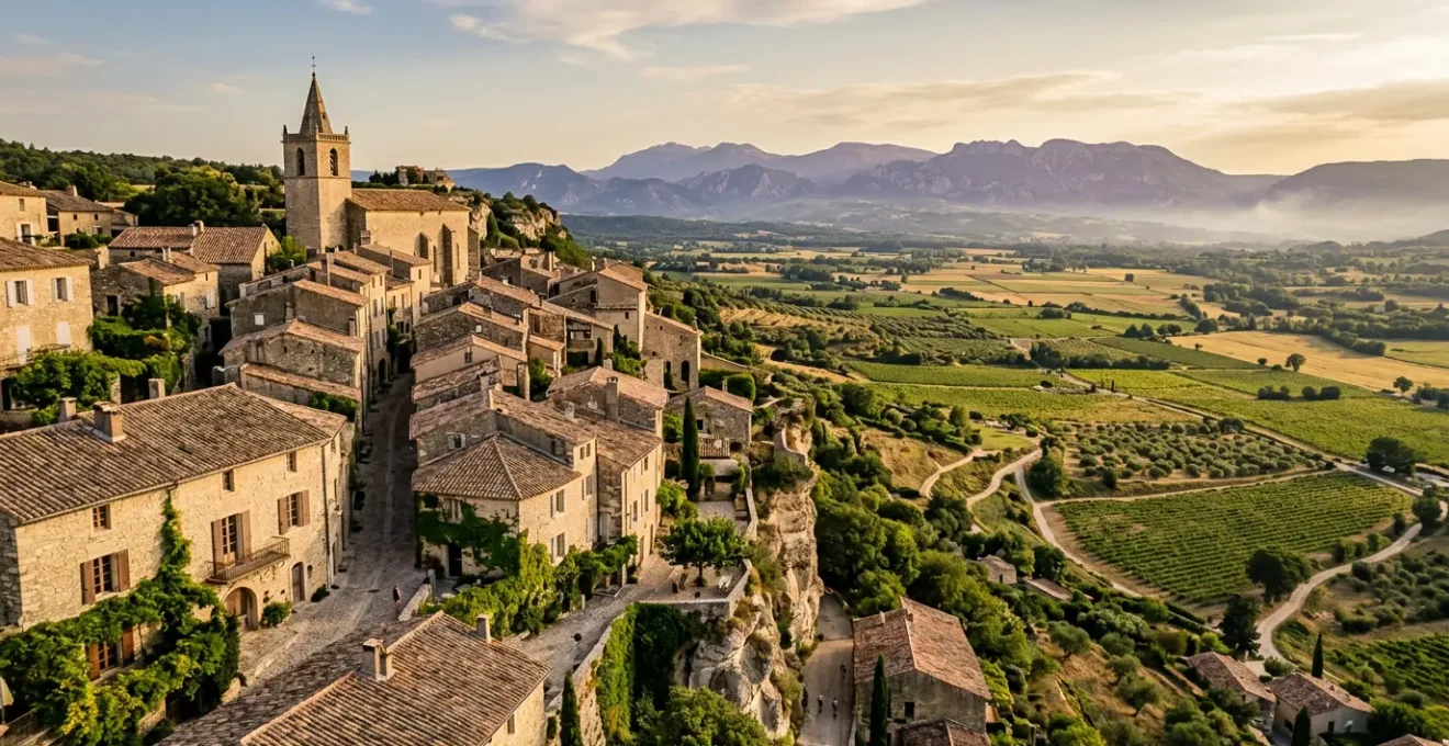 Village perché du Luberon avec ses ruelles étroites en pierre dorée et des vignes en contrebas