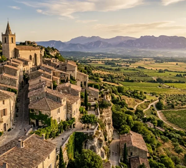 Village perché du Luberon avec ses ruelles étroites en pierre dorée et des vignes en contrebas