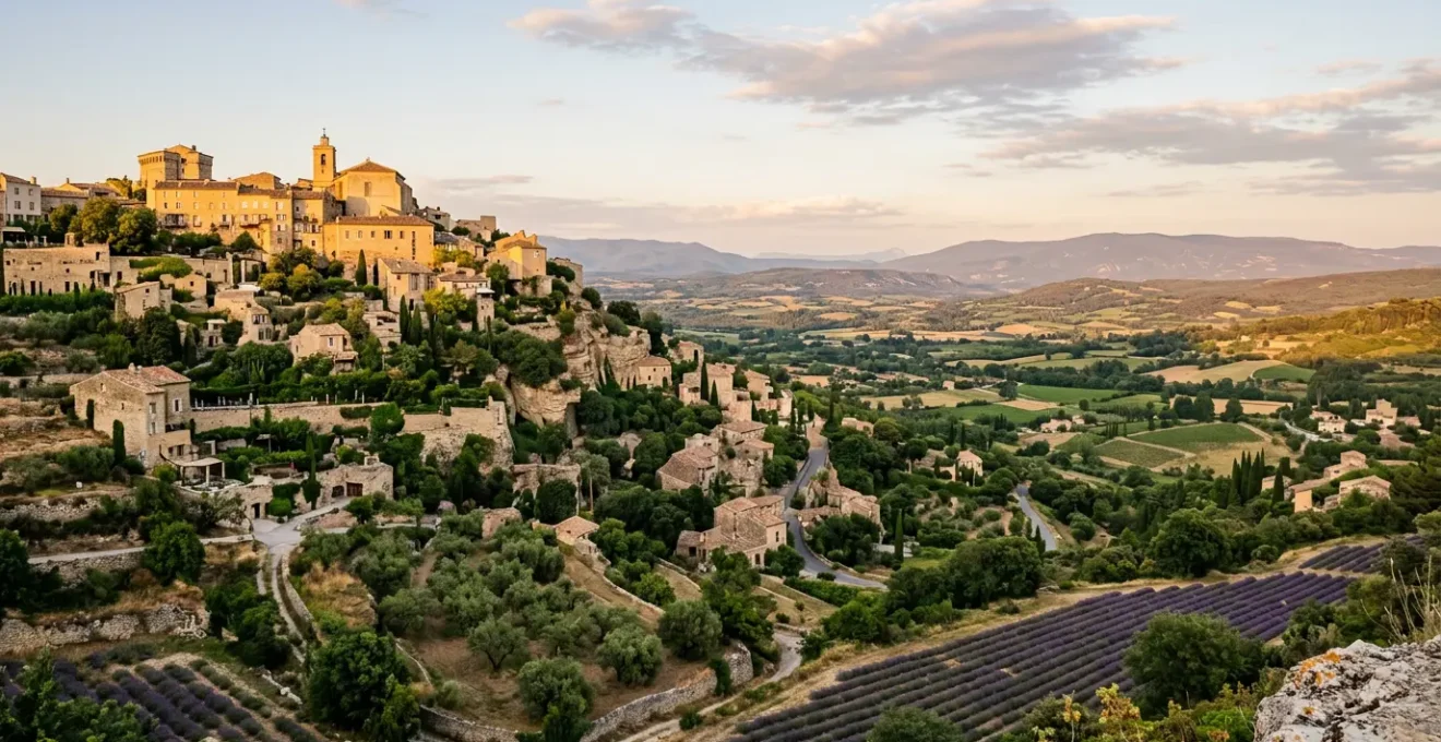 Vue panoramique sur les villages perchés du Luberon avec leurs façades en pierre dorée au soleil de Provence