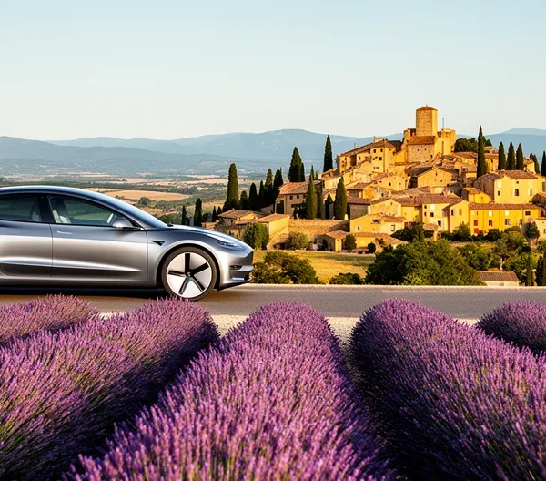 Voiture électrique moderne garée devant un village perché de Provence avec champs de lavande au premier plan